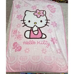 VTG Hello Kitty Pink Fleece Throw Blanket 39x55" Butterflies Flowers Sanrio